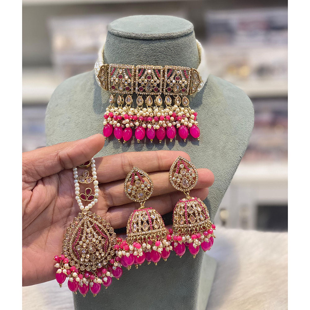 Hira Collections Royal Crystal Stone Pearl And Beads Designer Choker Necklace Set