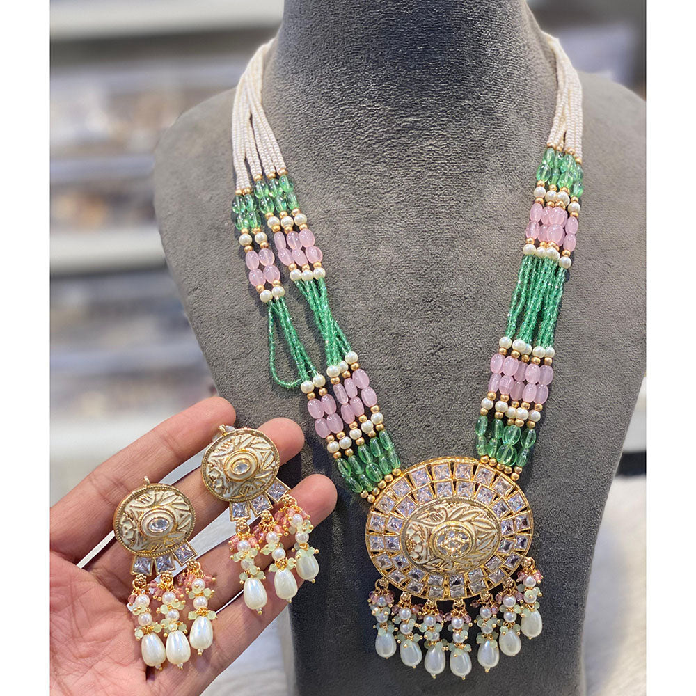 Hira Collections Luxury Pota Stone Pearl And Beads Meenakari Long Necklace Set