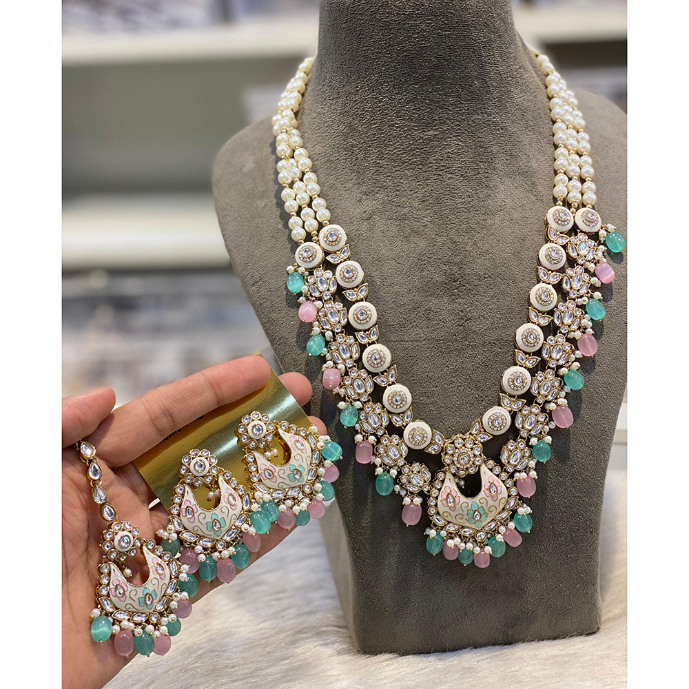 Hira Collections Luxury Kundan Stone Pearl And Beads Meenakari Long Necklace Set