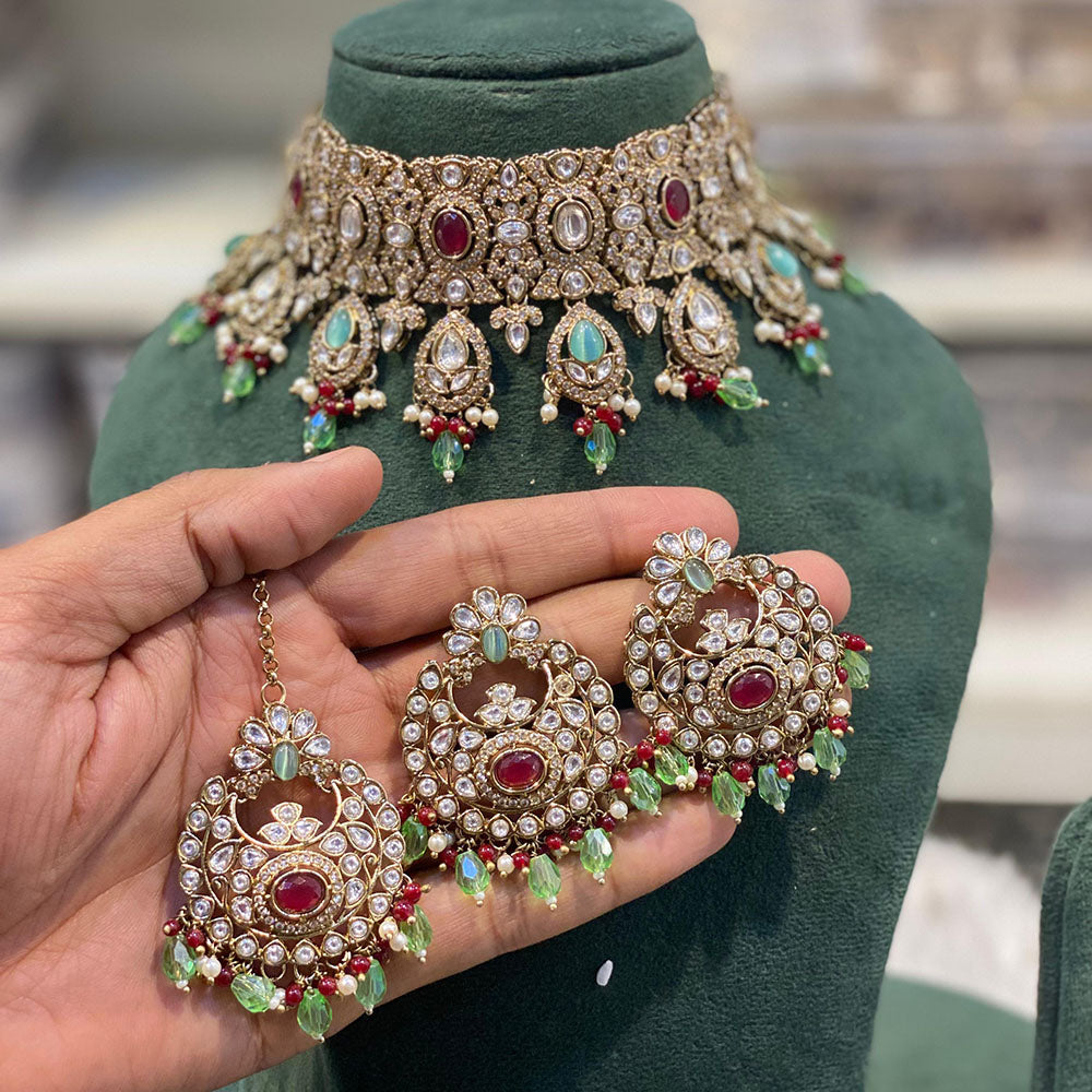 Hira Collections Luxury Kundan Stone Pearl And Beads Choker Necklace Set