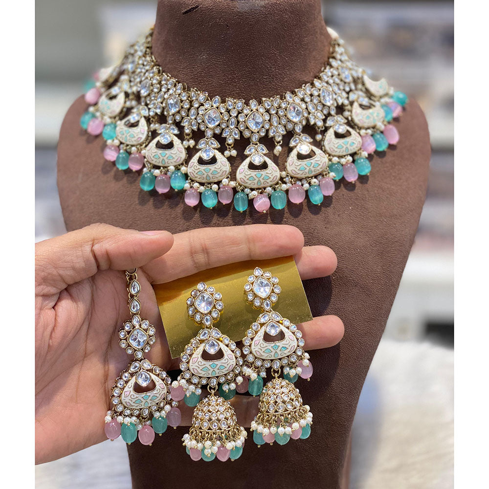 Hira Collections Luxury Kundan Stone Pearl And Beads Meenakari Choker Necklace Set