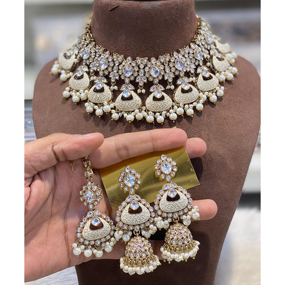 Hira Collections Luxury Kundan Stone Pearl And Beads Meenakari Choker Necklace Set