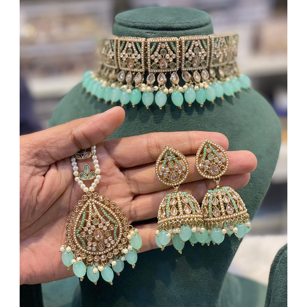 Hira Collections Royal Crystal Stone Pearl And Beads Choker Necklace Set