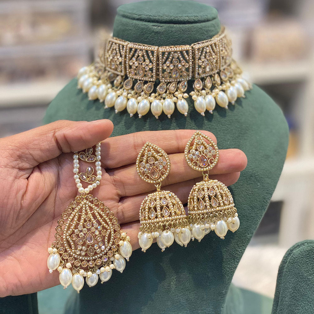 Hira Collections Royal Crystal Stone Pearl And Beads Choker Necklace Set