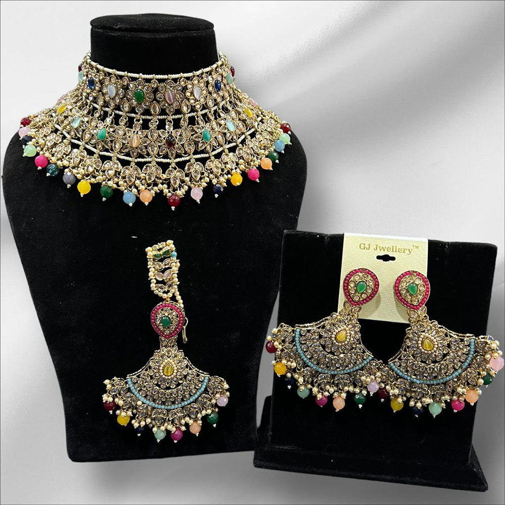 Hira Collections Royal Crystal Stone Pearl And Beads Choker Necklace Set