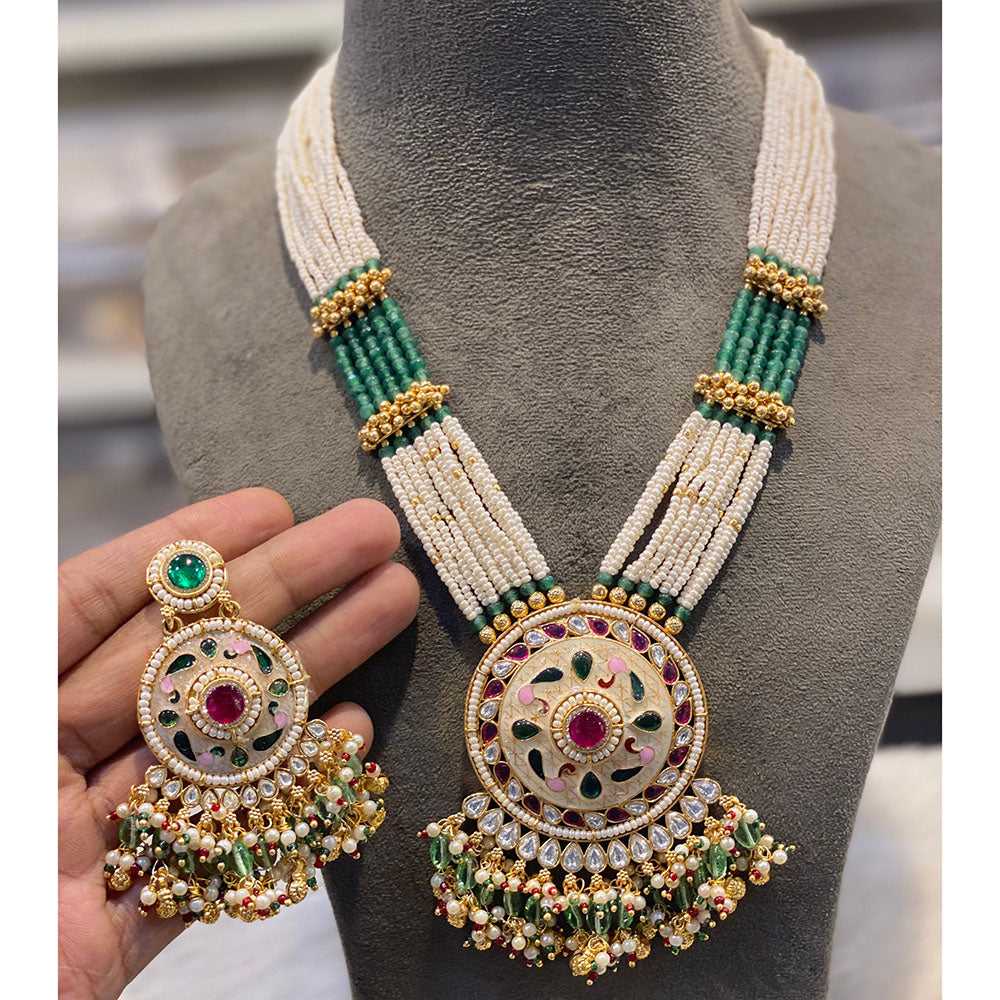 Hira Collections Luxury Kundan Stone Pearl And Beads Meenakari Long Necklace Set
