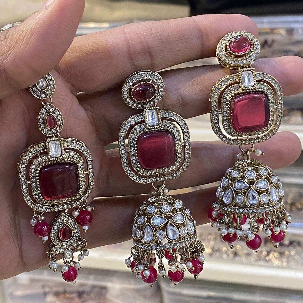 Hira Collections Designer Pota Stone And Beads Jhumki Earrings With Maangtikka