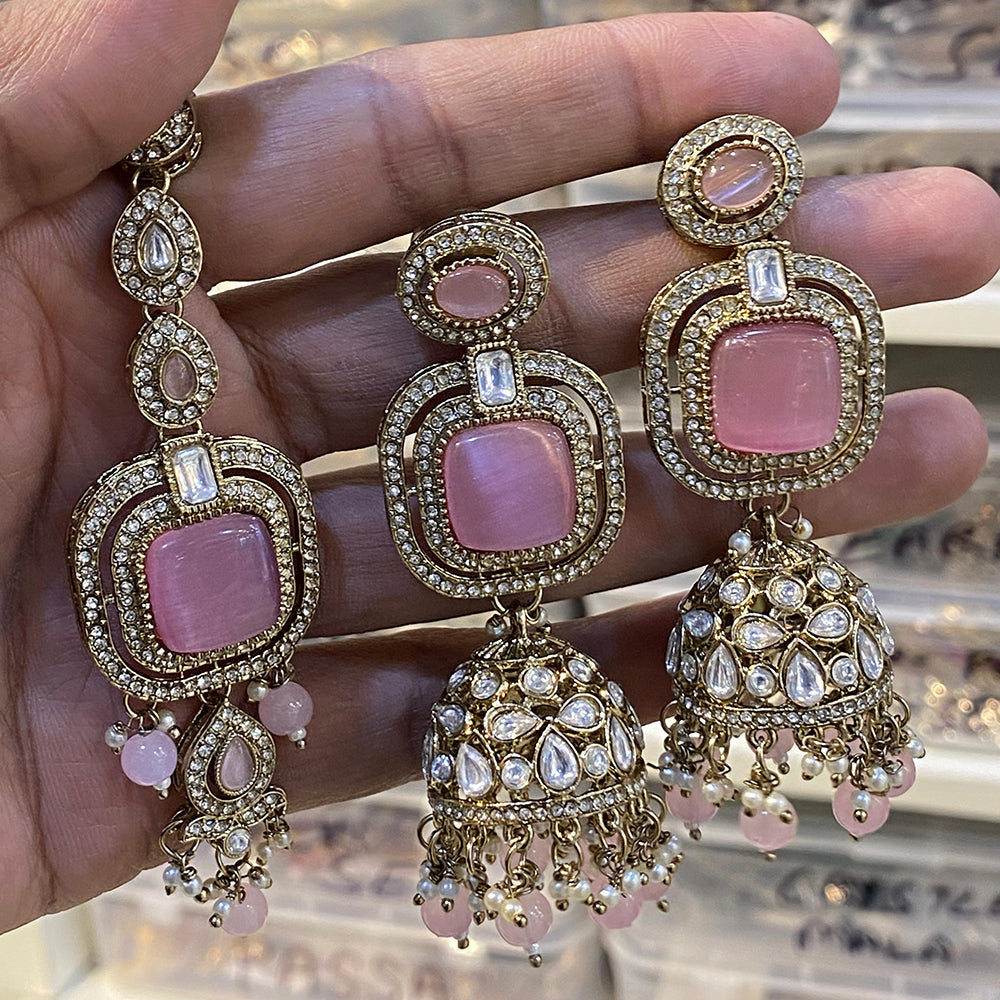 Hira Collections Designer Pota Stone And Beads Jhumki Earrings With Maangtikka