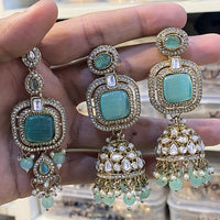 Hira Collections Designer Pota Stone And Beads Jhumki Earrings With Maangtikka