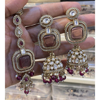 Hira Collections Designer Pota Stone And Beads Jhumki Earrings With Maangtikka