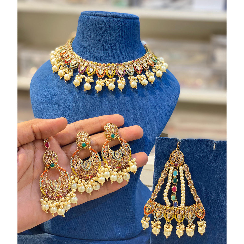 Hira Collections Elegant Crystal Stone Pearl And Beads Choker Necklace Set