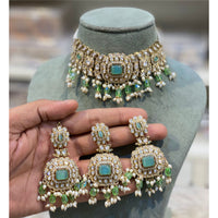 Hira Collections Elegant Pota Stone And Austrian Stone Pearl Choker Necklace Set