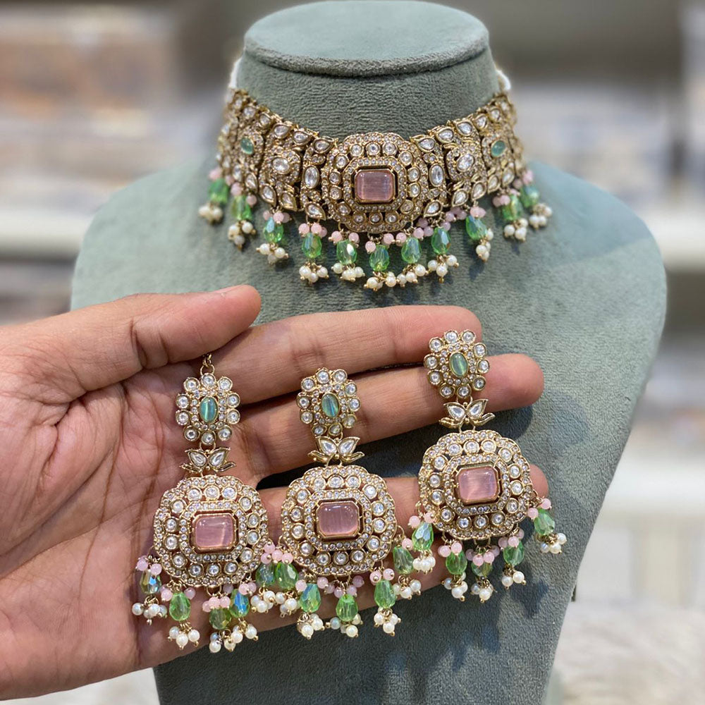 Hira Collections Elegant Pota Stone And Austrian Stone Pearl Choker Necklace Set