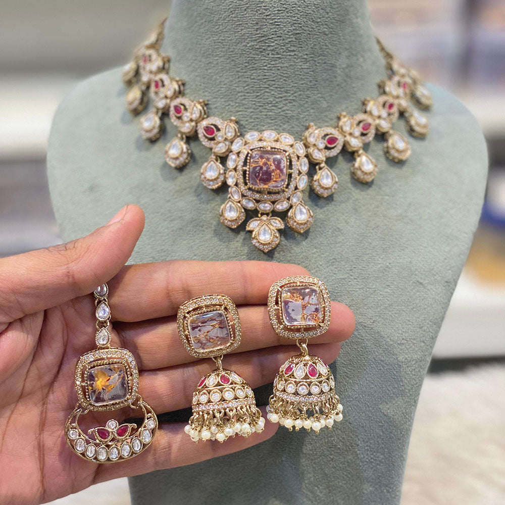 Hira Collections Glamorous Druzy Crystal Stone And Pearl Necklace Set