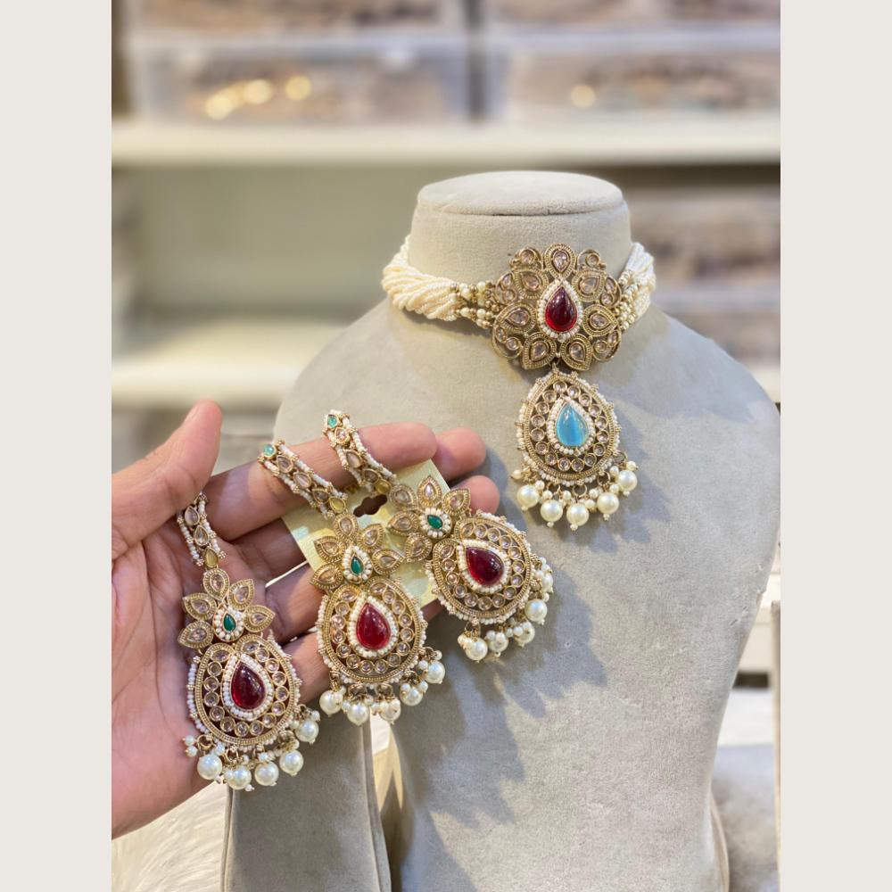 Hira Collections Classic Pota And Crystal Stone Beads Choker Necklace Set