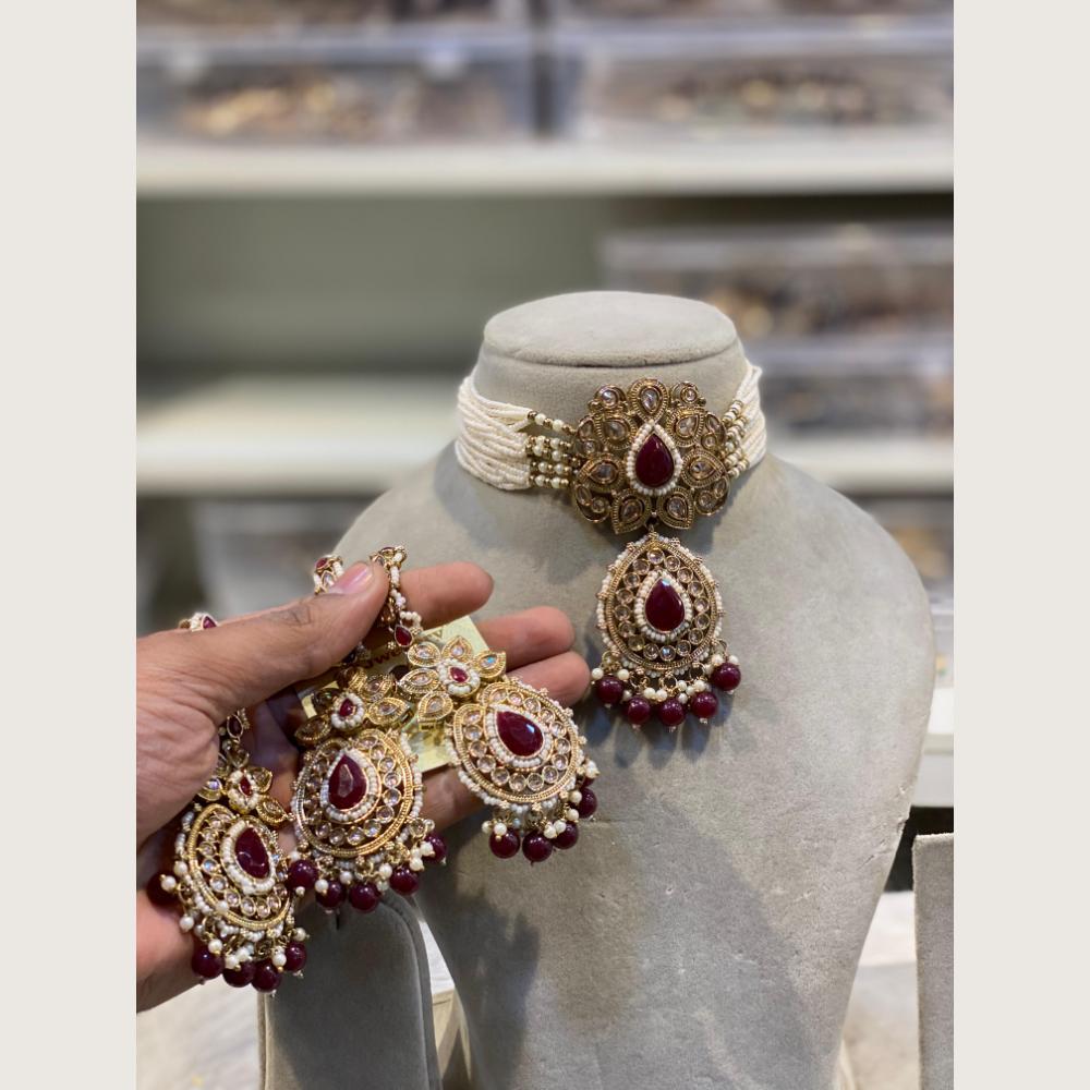 Hira Collections Classic Pota And Crystal Stone Beads Choker Necklace Set