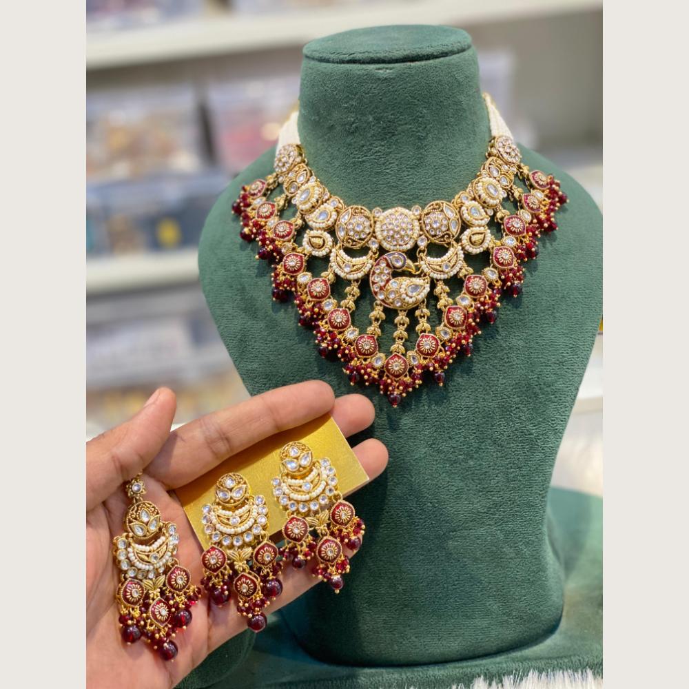 Hira Collections Royal Peacock Design Kundan Stone And Beads Meenakari Necklace Set