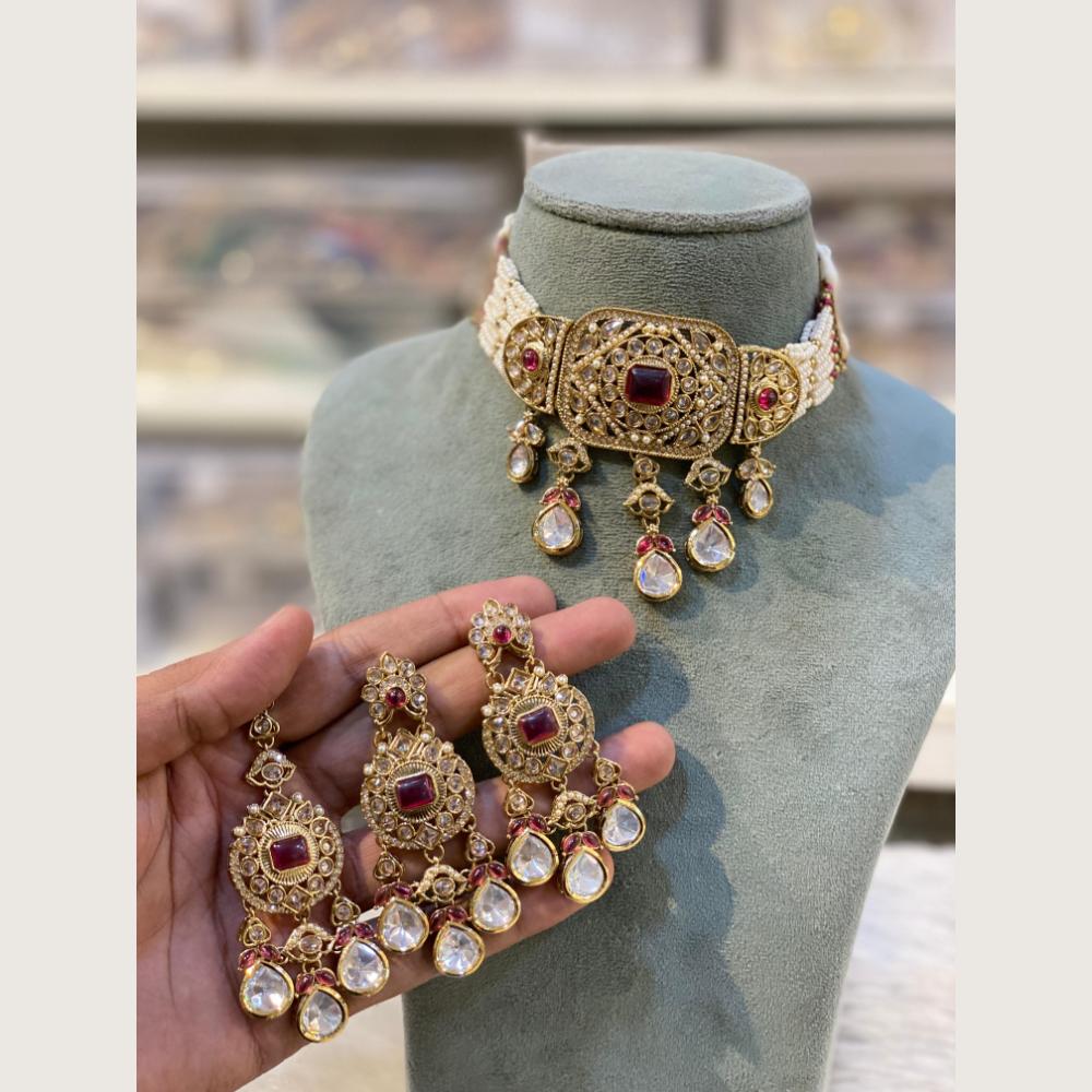 Hira Collections Indian Ethnic Crystal Stone And Pearl Choker Necklace Set