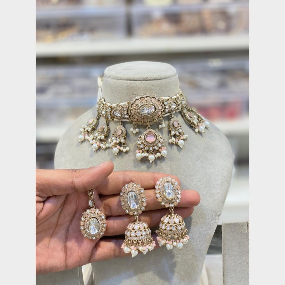 Hira Collections Premium Pota Stone And Austrian Stone Pearl Choker Necklace Set