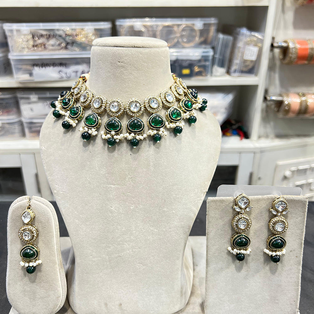 Hira Collections Glamorous Kundan And Pota Stone Pearl Choker Necklace Set