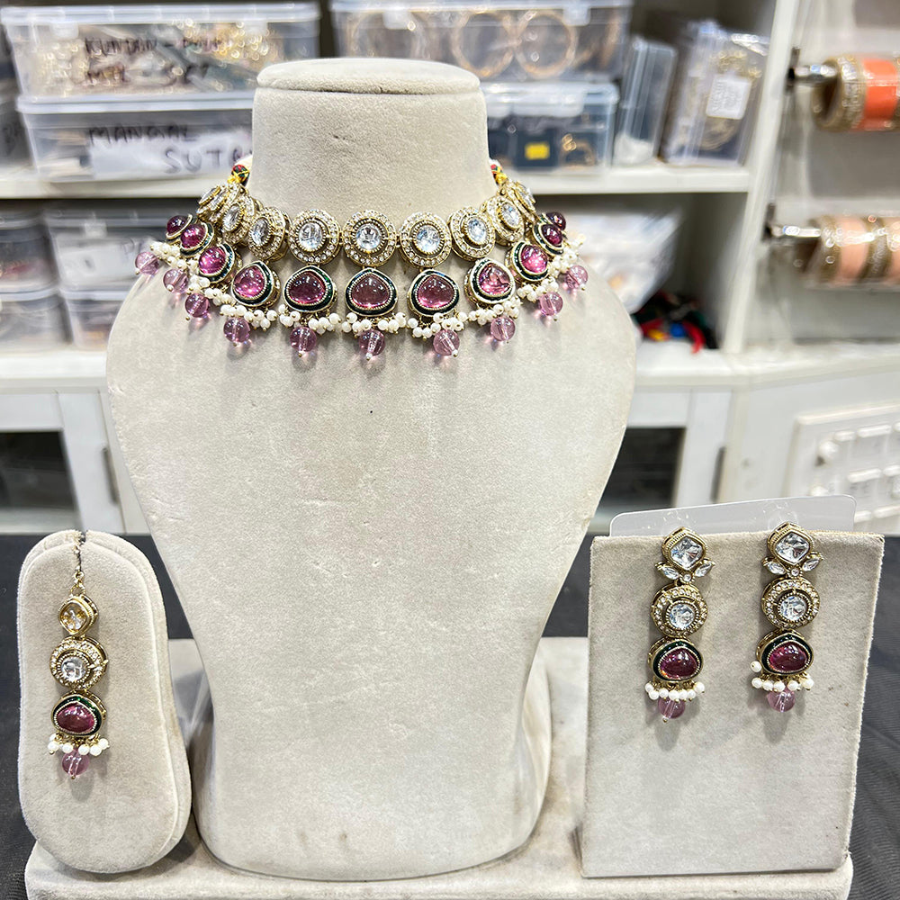 Hira Collections Glamorous Kundan And Pota Stone Pearl Choker Necklace Set
