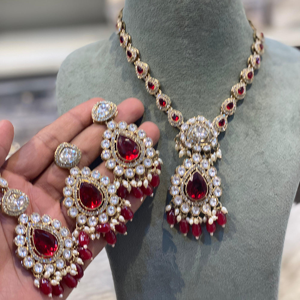 Hira Collections Grand Crystal Stone And Pearl Necklace Set