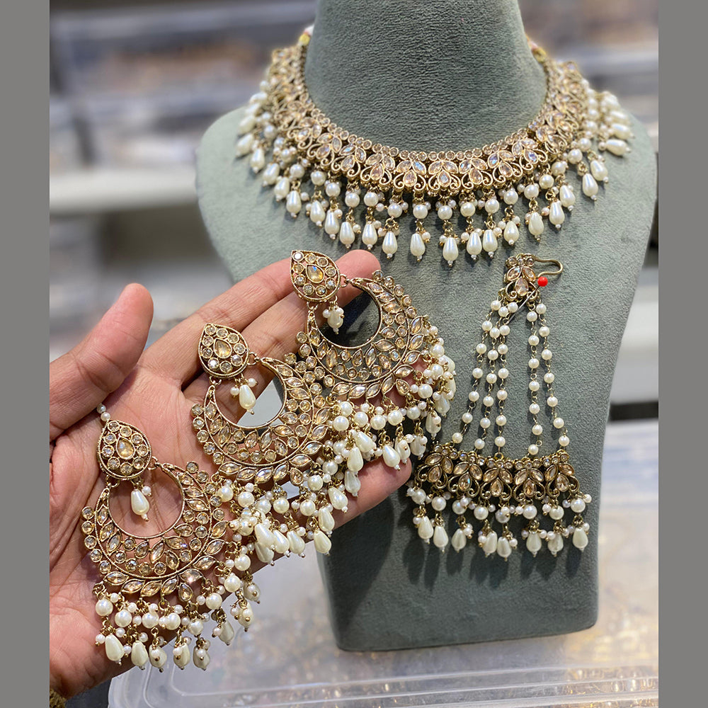 Hira Collections Grand Crystal Stone And Pearl Choker Necklace Set