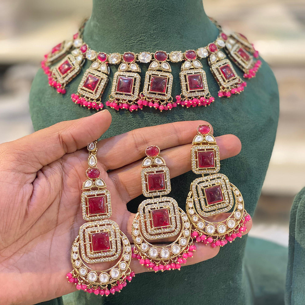 Hira Collections Grand Crystal Pearl And Austrian Stone Choker Necklace Set