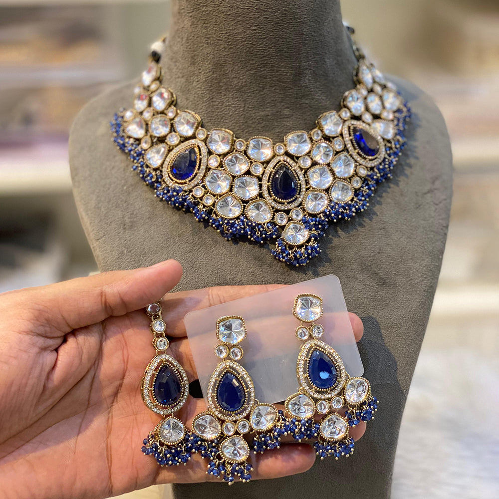 Hira Collections Grand Crystal Pearl And Austrian Stone Choker Necklace Set 