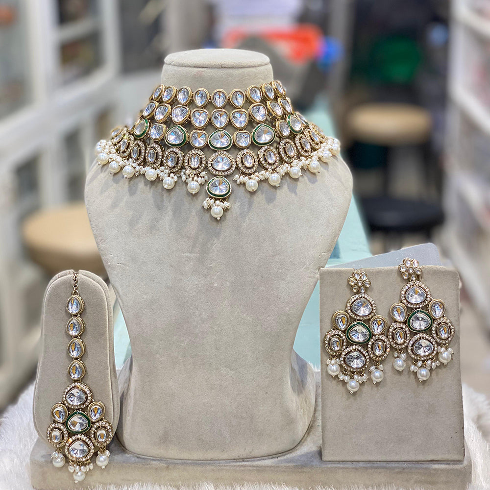 Hira Collections Glamorous Kundan And Pota Stone Pearl Choker Necklace Set