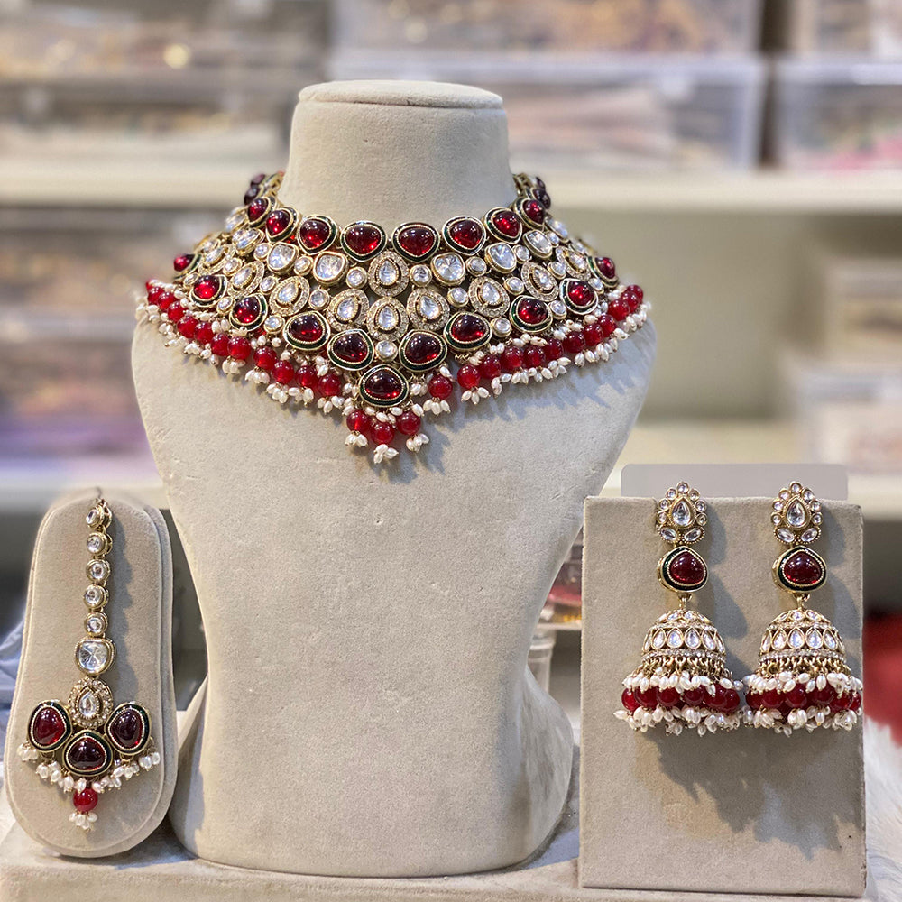 Hira Collections Glamorous Kundan And Pota Stone Pearl Choker Necklace Set