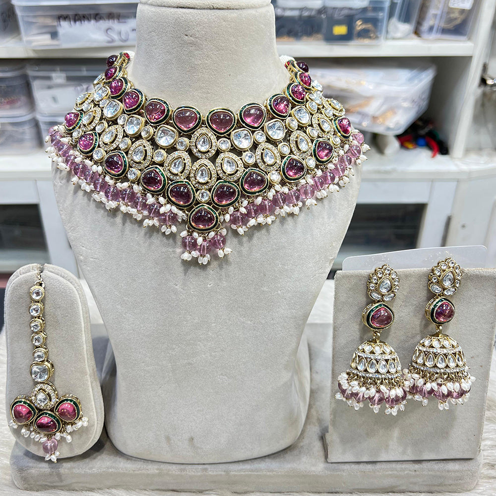 Hira Collections Glamorous Kundan And Pota Stone Pearl Choker Necklace Set