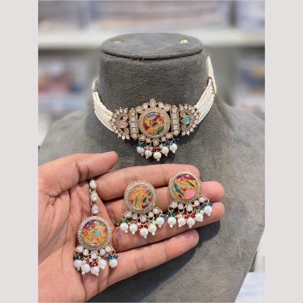 Hira Collections Glamorous Druzy Crystal Stone And Pearl Choker Necklace Set
