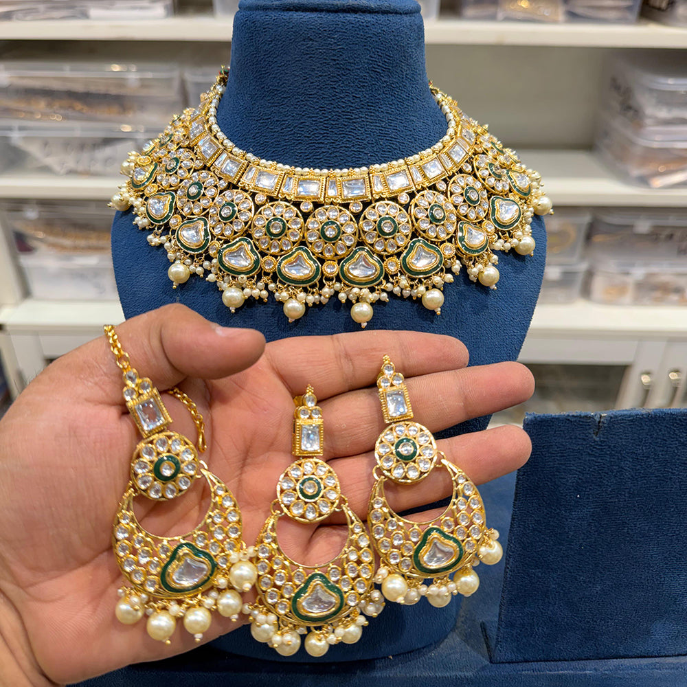 Hira Collections Kundan Stone Glamorous Pearl And Beads Choker Necklace Set
