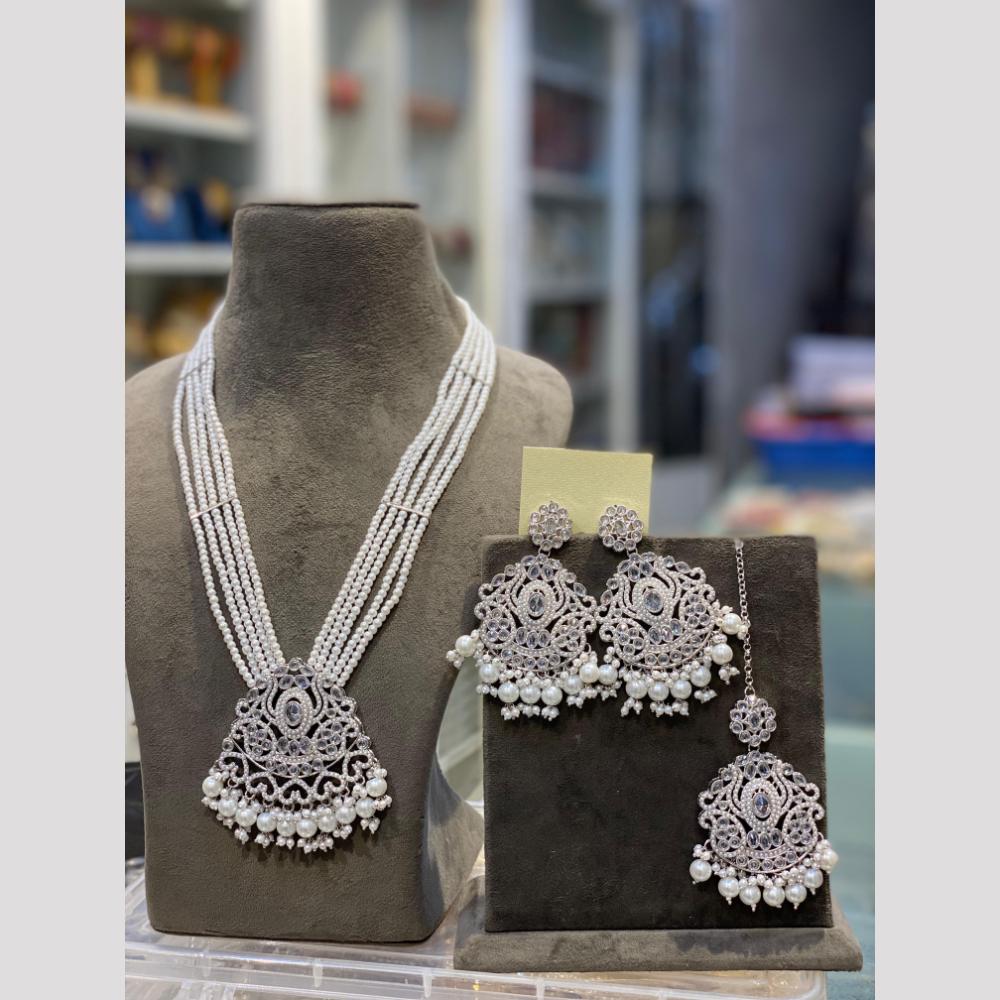 Hira Collections Elegant Crystal Stone Beads And Pearl Long Necklace Set