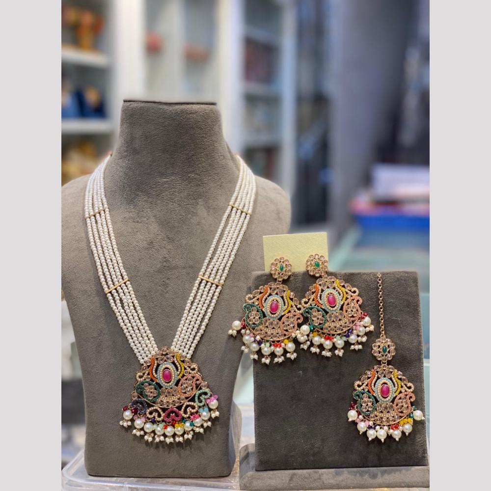 Hira Collections Elegant Crystal Stone Beads And Pearl Long Necklace Set
