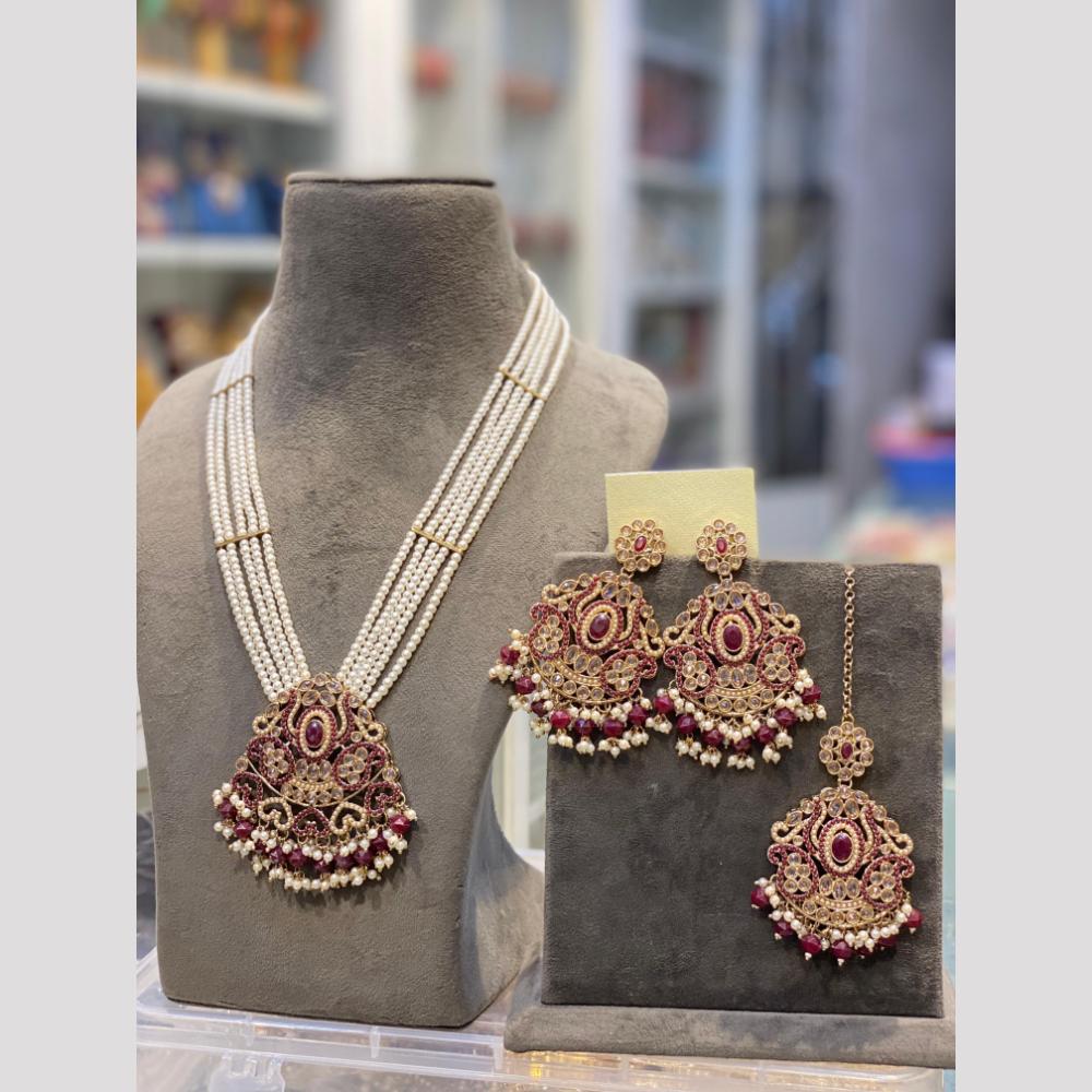 Hira Collections Elegant Crystal Stone Beads And Pearl Long Necklace Set