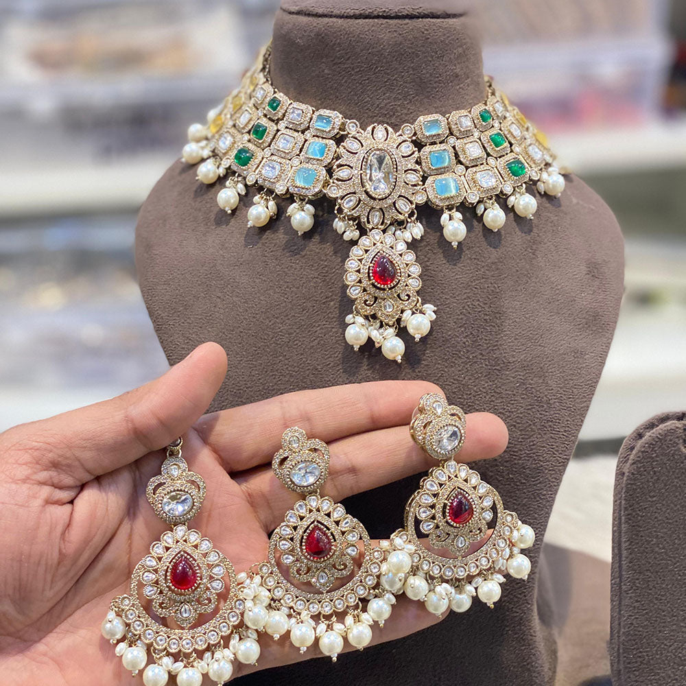Hira Collections Glamorous Pota Stone And Pearl Choker Necklace Set