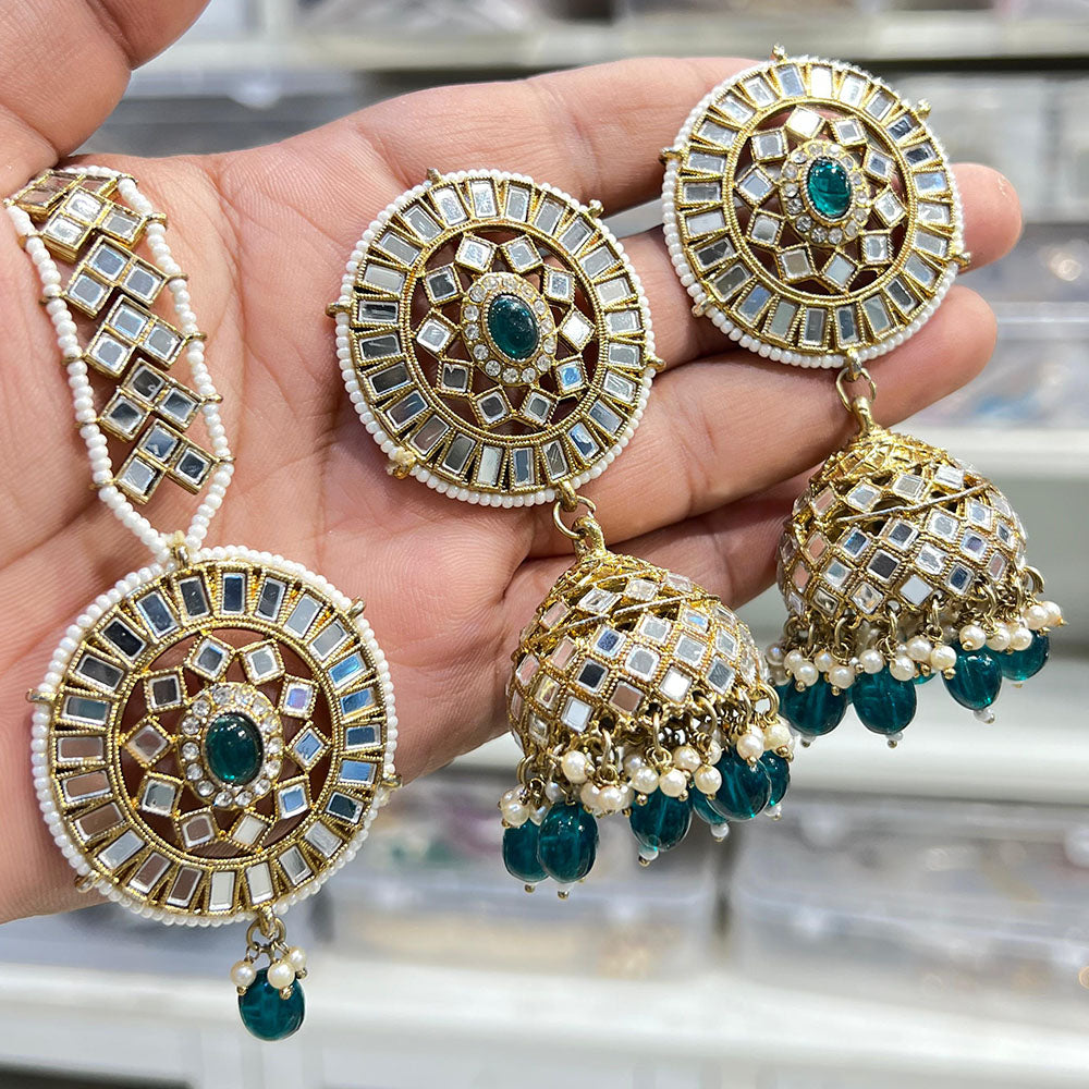 Hira Collections Designer Mirror And Beads Jhumki Earrings With Maangtikka