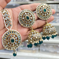 Hira Collections Designer Mirror And Beads Jhumki Earrings With Maangtikka