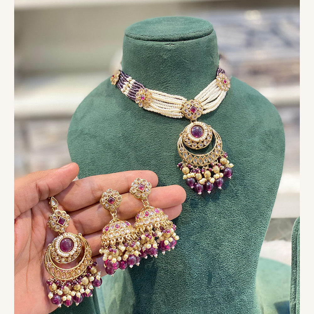 Hira Collections Exclusive Pota Stone Pearl And Beads Choker Necklace Set