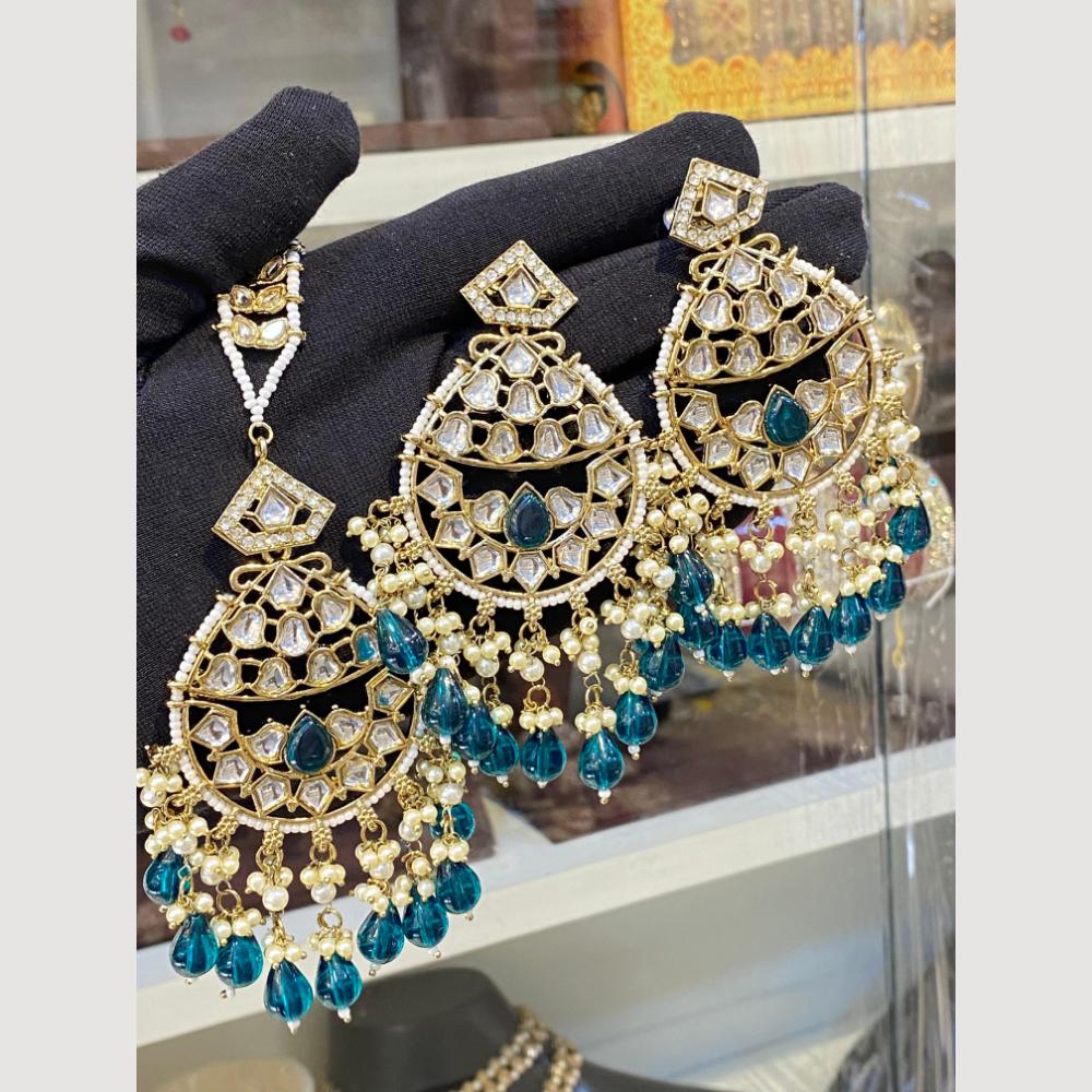 Hira Collections Royal Kundan Pearl And Beads Earrings With Elegant Maangtikka Set