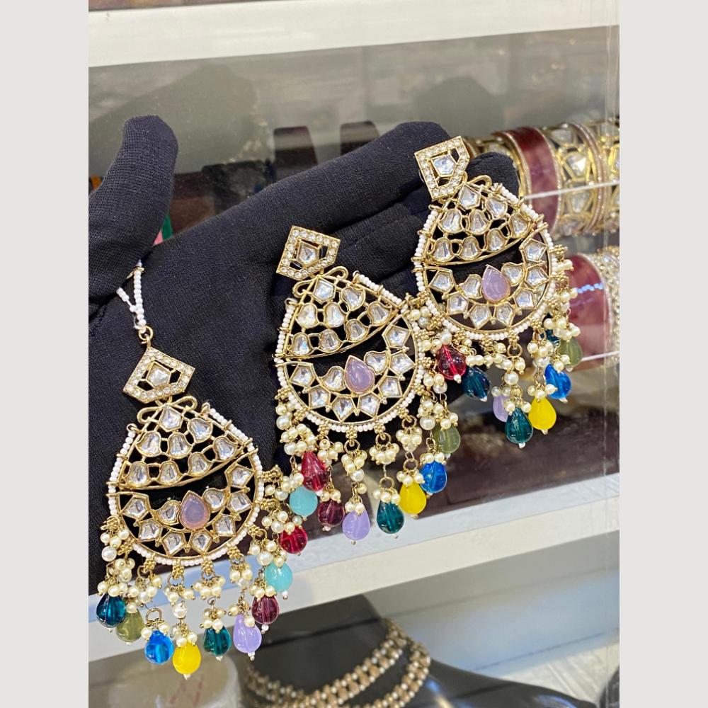 Hira Collections Royal Kundan Pearl And Beads Earrings With Elegant Maangtikka Set