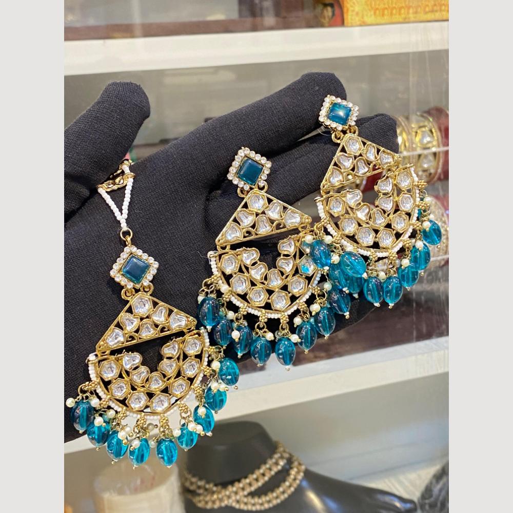 Hira Collections Royal Kundan Pearl And Beads Earrings With Elegant Maangtikka Set
