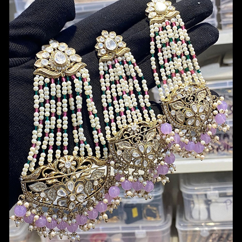 Hira Collections Royal Austrian Stone Pearl And Beads Earrings With Elegant Maangtikka Set