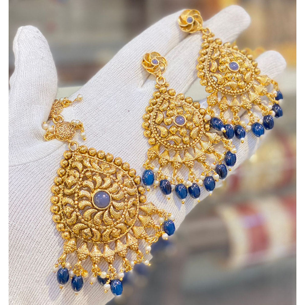 Hira Collections Royal Pota Stone And Beads Earrings With Elegant Maangtikka Set