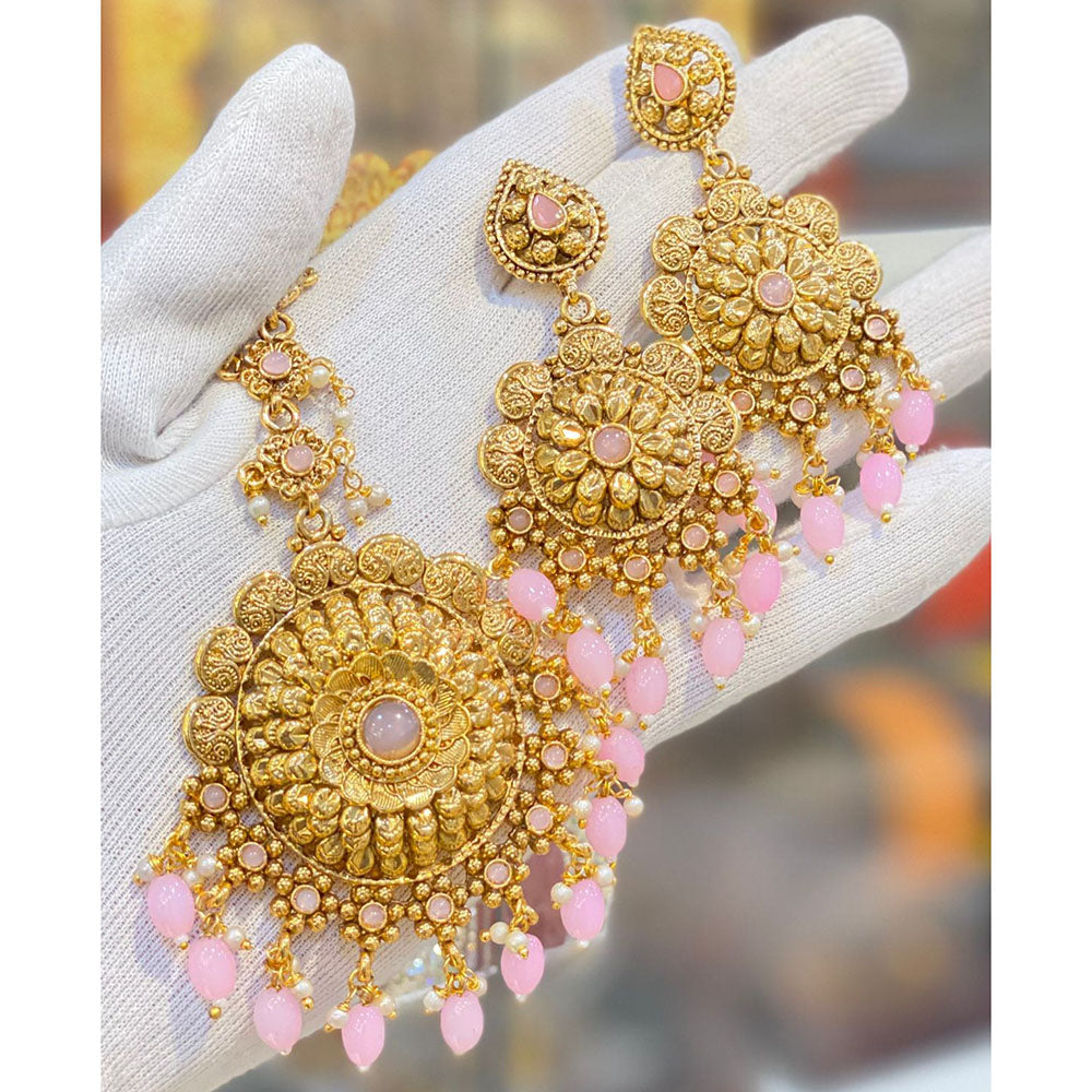 Hira Collections Royal Pota Stone And Beads Earrings With Elegant Maangtikka Set