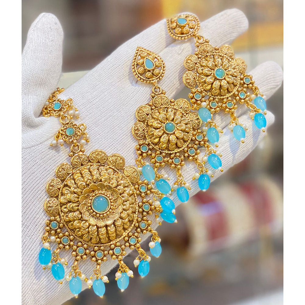Hira Collections Royal Pota Stone And Beads Earrings With Elegant Maangtikka Set