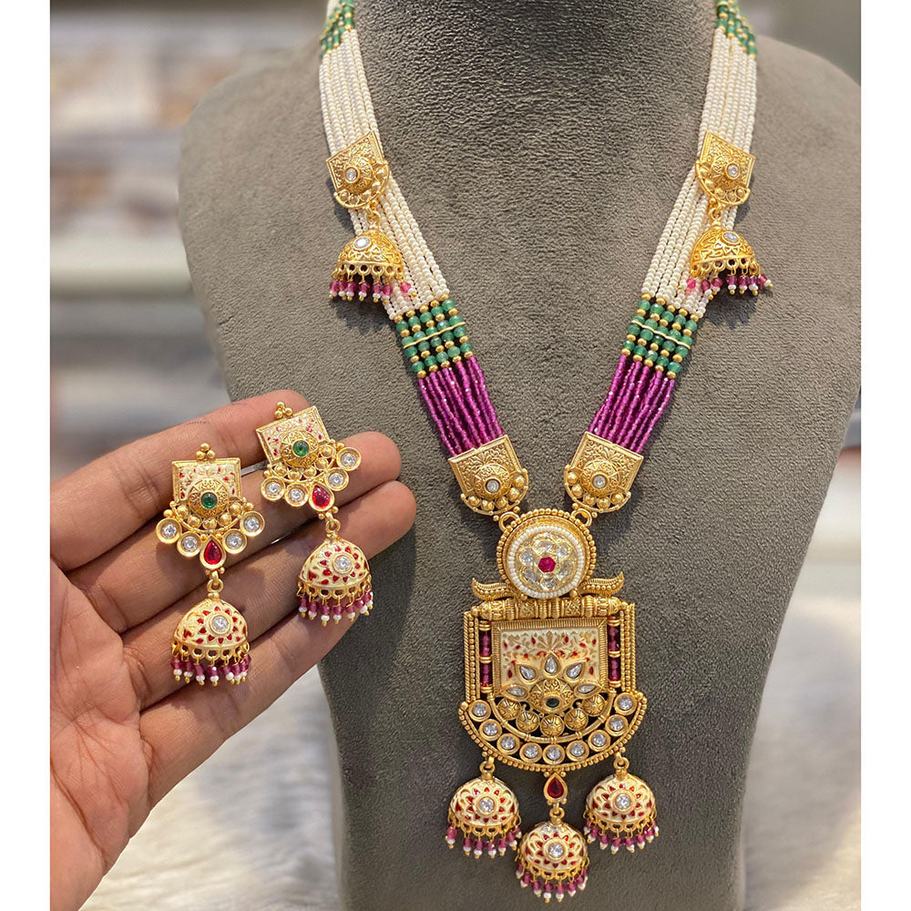 Hira Collections Ethnic Kundan Stone And Pearl Meenakari Long Necklace Set