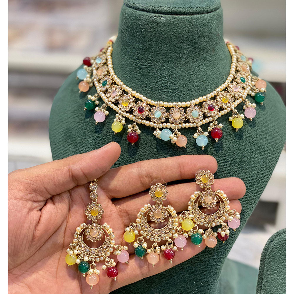 Hira Collections Crystal Stone And Beads Choker Necklace Set